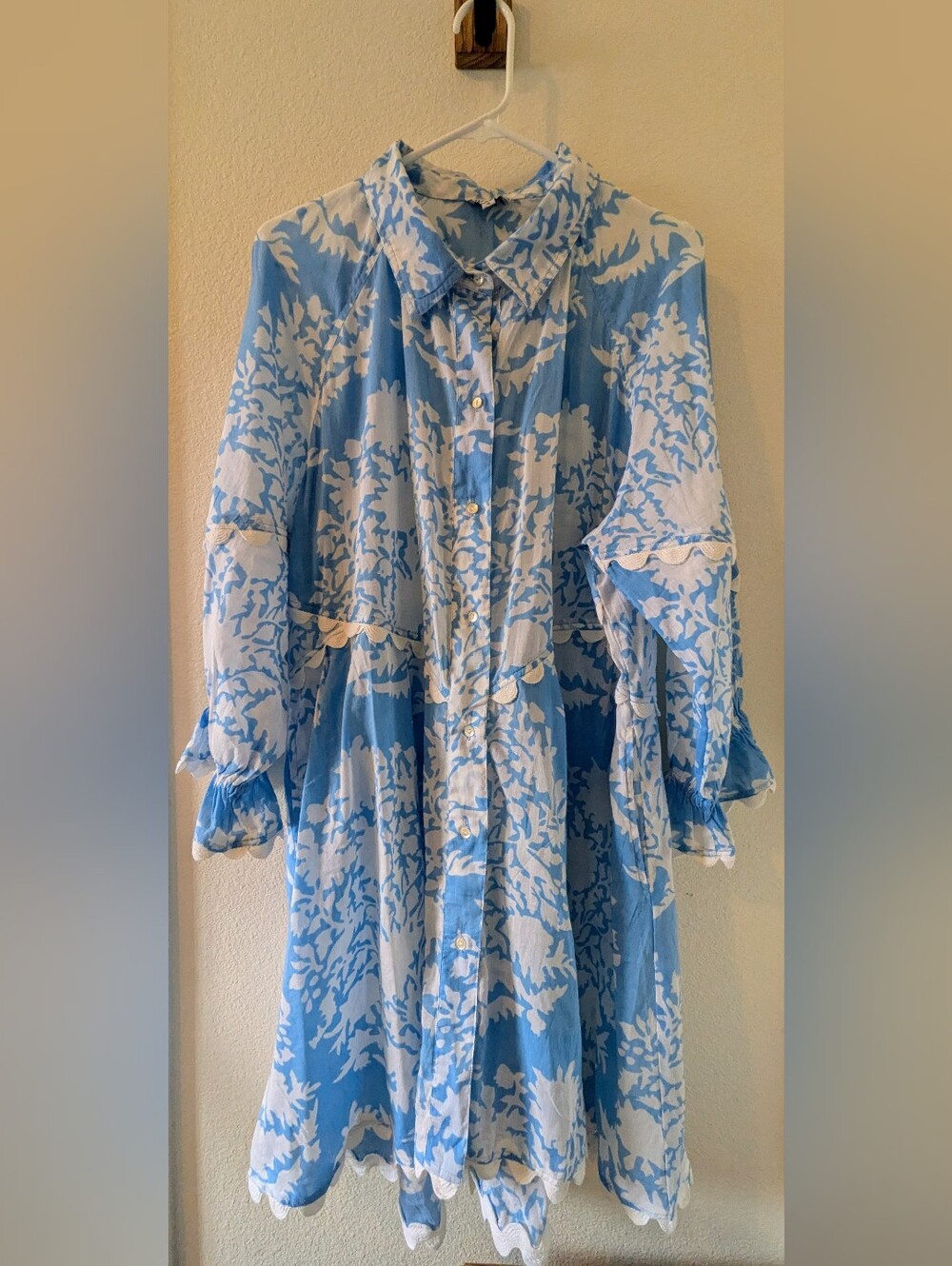 Juliet Dunn London Blue White Floral Shirt Dress Scallop Trim Size 4 US 10